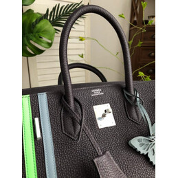Replica Hermes Black Green White Stripe Birkin 35 Palladium Hardware Bag