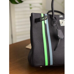 Replica Hermes Black Green White Stripe Birkin 35 Palladium Hardware Bag