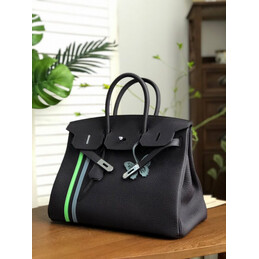 Replica Hermes Black Green White Stripe Birkin 35 Palladium Hardware Bag