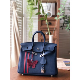 Replica Hermes Navy Blue Red Stripe Birkin 25 Palladium Hardware Bag