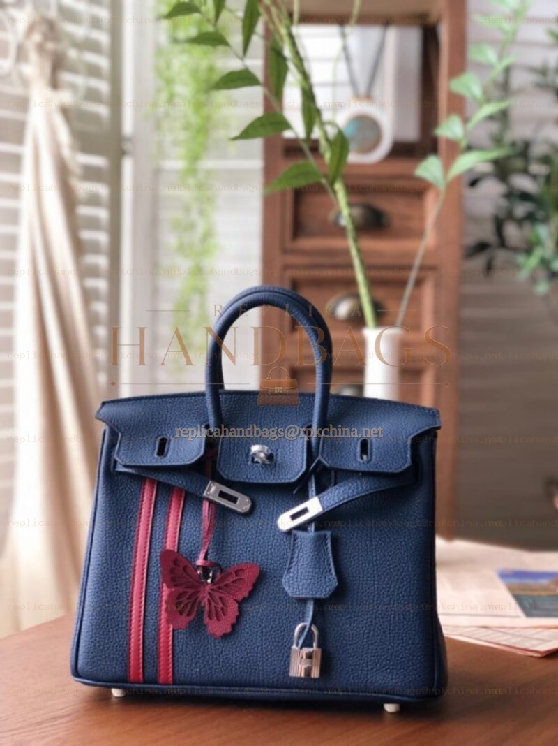 Replica Hermes Navy Blue Red Stripe Birkin 25 Palladium Hardware Bag
