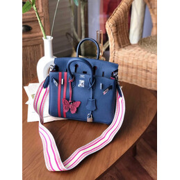 Replica Hermes Navy Blue Red Stripe Birkin 25 Palladium Hardware Bag