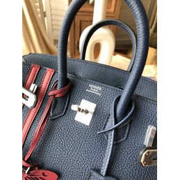 Replica Hermes Navy Blue Red Stripe Birkin 25 Palladium Hardware Bag