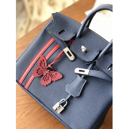 Replica Hermes Navy Blue Red Stripe Birkin 25 Palladium Hardware Bag