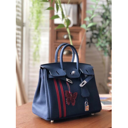 Replica Hermes Navy Blue Red Stripe Birkin 25 Palladium Hardware Bag