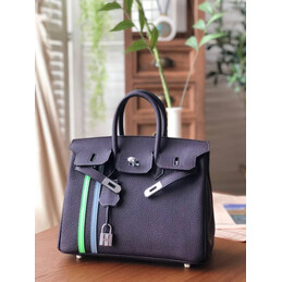 Replica Hermes Black Birkin 25 Palladium Hardware Bag with Green Stripe Detail
