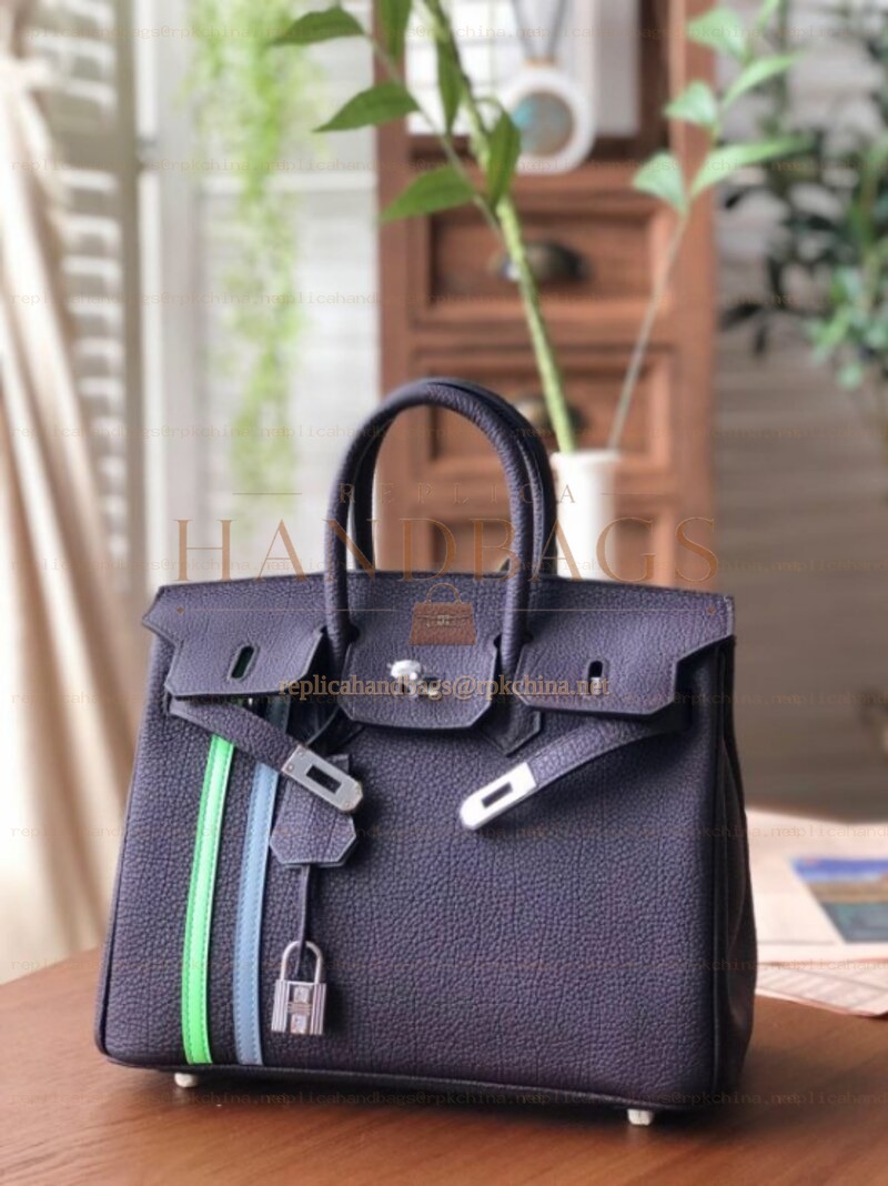 Replica Hermes Black Birkin 25 Palladium Hardware Bag with Green Stripe Detail