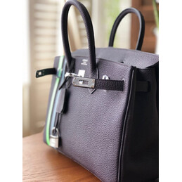 Replica Hermes Black Birkin 25 Palladium Hardware Bag with Green Stripe Detail