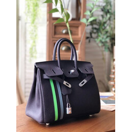 Replica Hermes Black Birkin 25 Palladium Hardware Bag with Green Stripe Detail