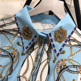 Replica Hermes Blue Scarf Print Ruffle Dress