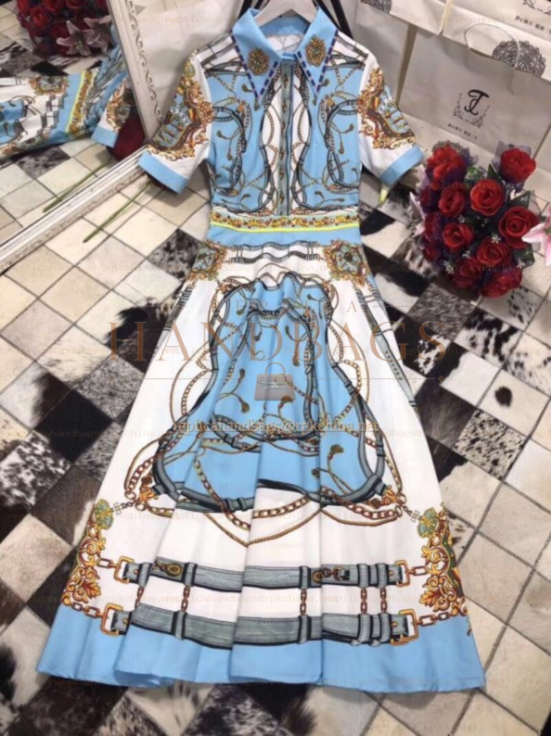 Replica Hermes Blue Scarf Print Ruffle Dress