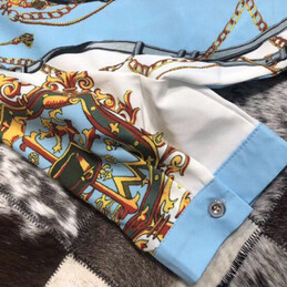 Replica Hermes Blue Scarf Print Ruffle Dress