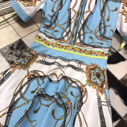 Replica Hermes Blue Scarf Print Ruffle Dress