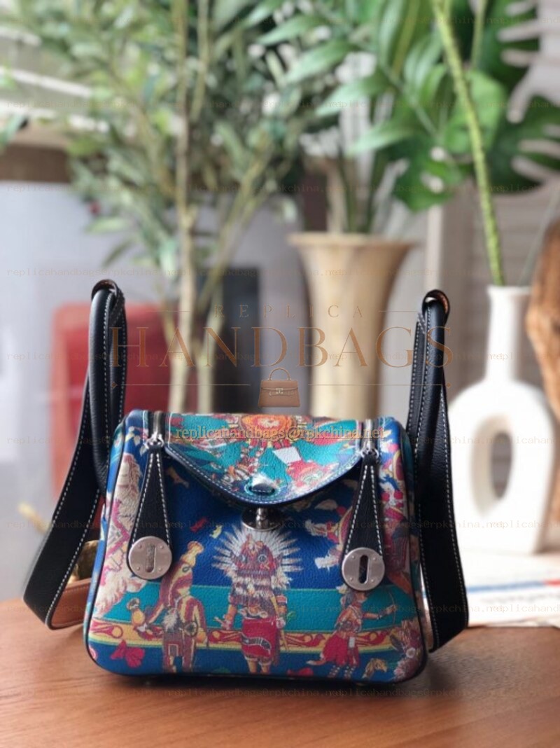 Replica Hermes Black Multicolor Print Lindy 26 Bag