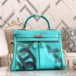 Replica Hermes Turquoise Black Print Kelly 32 Palladium Hardware Bag