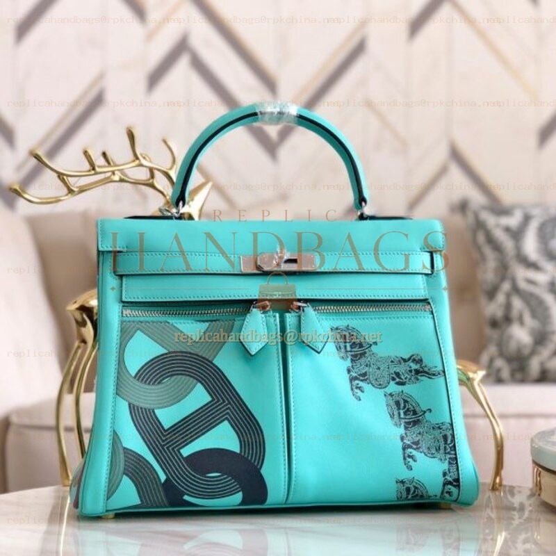 Replica Hermes Turquoise Black Print Kelly 32 Palladium Hardware Bag