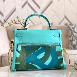 Replica Hermes Turquoise Black Print Kelly 32 Palladium Hardware Bag
