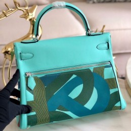 Replica Hermes Turquoise Black Print Kelly 32 Palladium Hardware Bag