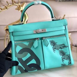 Replica Hermes Turquoise Black Print Kelly 32 Palladium Hardware Bag
