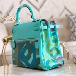 Replica Hermes Turquoise Black Print Kelly 32 Palladium Hardware Bag