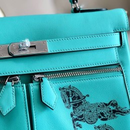 Replica Hermes Turquoise Black Print Kelly 32 Palladium Hardware Bag