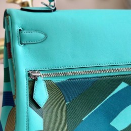 Replica Hermes Turquoise Black Print Kelly 32 Palladium Hardware Bag
