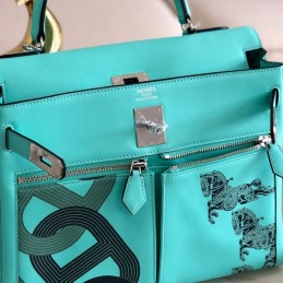 Replica Hermes Turquoise Black Print Kelly 32 Palladium Hardware Bag