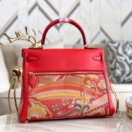 Replica Hermes Red Multicolor Print Kelly 32 Gold Hardware Bag