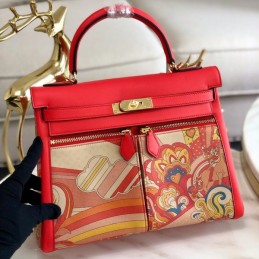 Replica Hermes Red Multicolor Print Kelly 32 Gold Hardware Bag