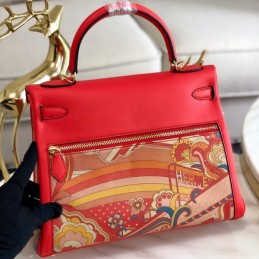 Replica Hermes Red Multicolor Print Kelly 32 Gold Hardware Bag