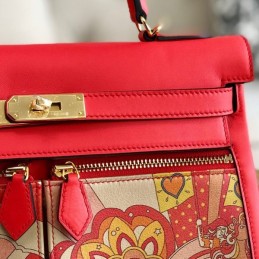 Replica Hermes Red Multicolor Print Kelly 32 Gold Hardware Bag