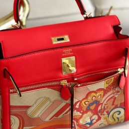 Replica Hermes Red Multicolor Print Kelly 32 Gold Hardware Bag