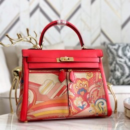 Replica Hermes Red Multicolor Print Kelly 32 Gold Hardware Bag