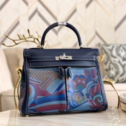 Replica Hermes Navy Blue Multicolor Print Kelly 32 Palladium Hardware Bag