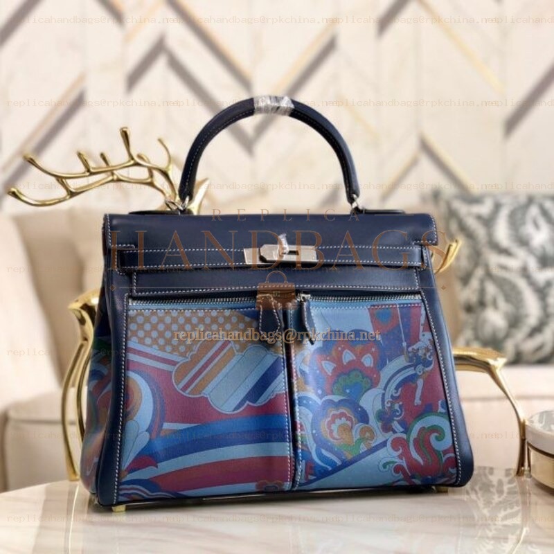 Replica Hermes Navy Blue Multicolor Print Kelly 32 Palladium Hardware Bag