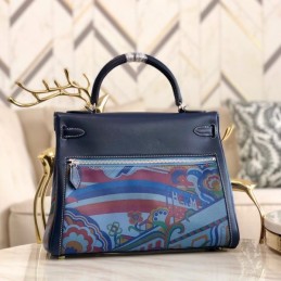 Replica Hermes Navy Blue Multicolor Print Kelly 32 Palladium Hardware Bag