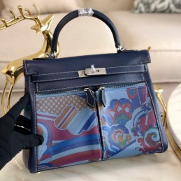 Replica Hermes Navy Blue Multicolor Print Kelly 32 Palladium Hardware Bag