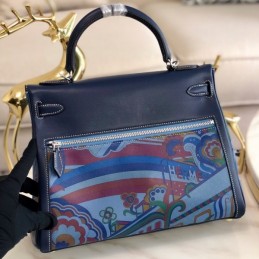 Replica Hermes Navy Blue Multicolor Print Kelly 32 Palladium Hardware Bag