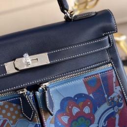 Replica Hermes Navy Blue Multicolor Print Kelly 32 Palladium Hardware Bag