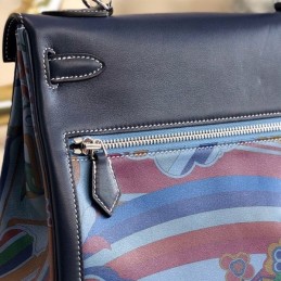 Replica Hermes Navy Blue Multicolor Print Kelly 32 Palladium Hardware Bag