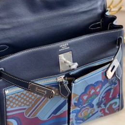 Replica Hermes Navy Blue Multicolor Print Kelly 32 Palladium Hardware Bag