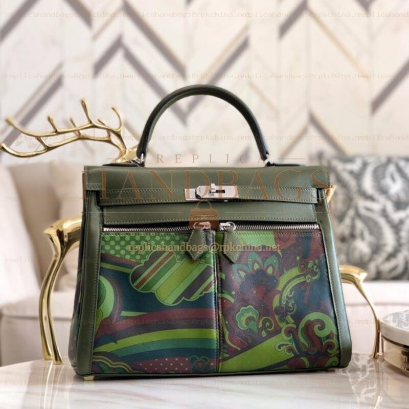 Replica Hermes Green Multicolor Print Kelly 32 Palladium Hardware Bag