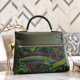 Replica Hermes Green Multicolor Print Kelly 32 Palladium Hardware Bag