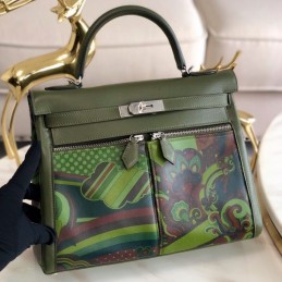 Replica Hermes Green Multicolor Print Kelly 32 Palladium Hardware Bag