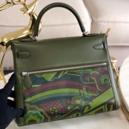 Replica Hermes Green Multicolor Print Kelly 32 Palladium Hardware Bag