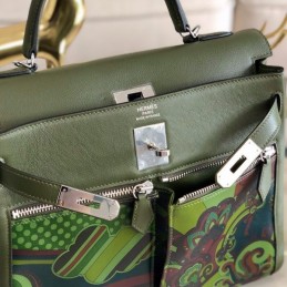 Replica Hermes Green Multicolor Print Kelly 32 Palladium Hardware Bag