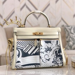 Replica Hermes White Navy Blue Print Kelly 32 Gold Hardware Bag
