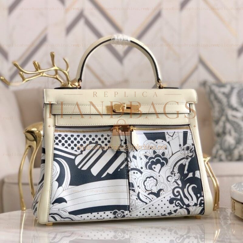 Replica Hermes White Navy Blue Print Kelly 32 Gold Hardware Bag