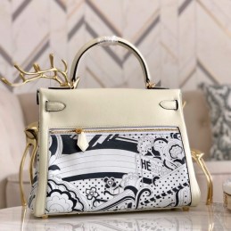 Replica Hermes White Navy Blue Print Kelly 32 Gold Hardware Bag