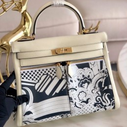 Replica Hermes White Navy Blue Print Kelly 32 Gold Hardware Bag